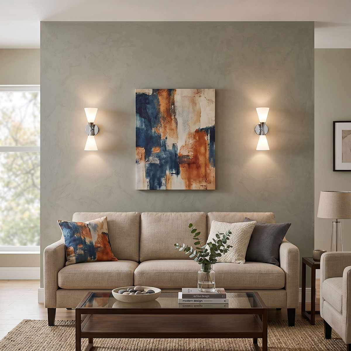Mid-Century Modern Glass Wall Sconce 7 A pair of chrome hourglass wall lights illuminating a contemporary living room wall behind a beige sofa.