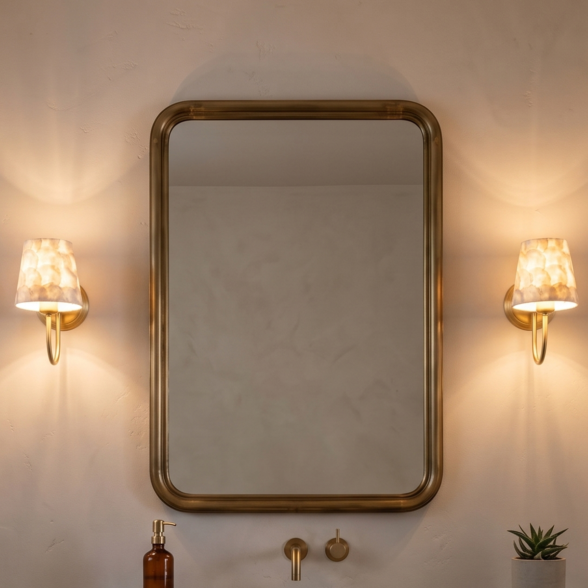 Modern Capiz Shell Wall Sconce 8 Two warm brass shell wall sconces installed symmetrically flanking a modern bathroom vanity mirror.