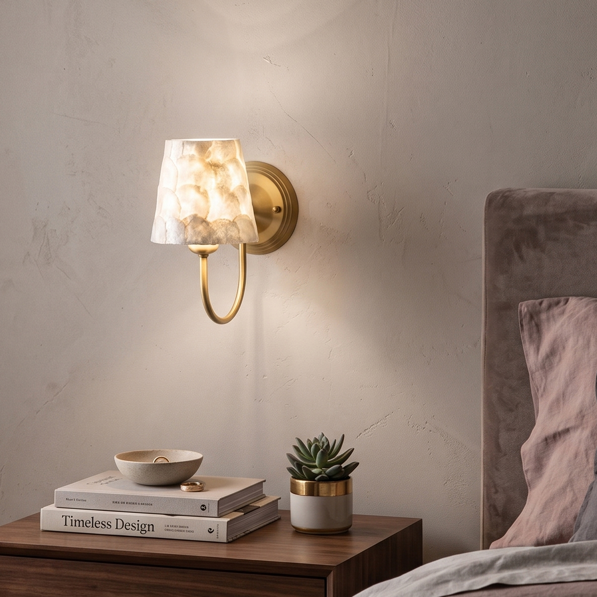 Modern Capiz Shell Wall Sconce 5 Elegant modern bedroom bedside wall reading sconce installed above a nightstand with a velvet headboard.