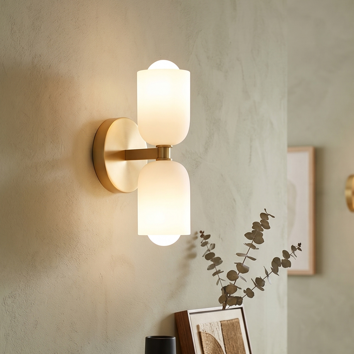 Mid-Century Modern Brass Wall Sconce 5 Elegant brass wall sconce illuminating a textured beige living room wall with modern decor.