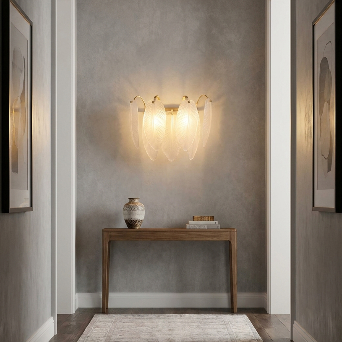 Modern Gold Leaf Glass Wall Sconce 7 Elegant wall-mounted glass leaf sconce in a home foyer