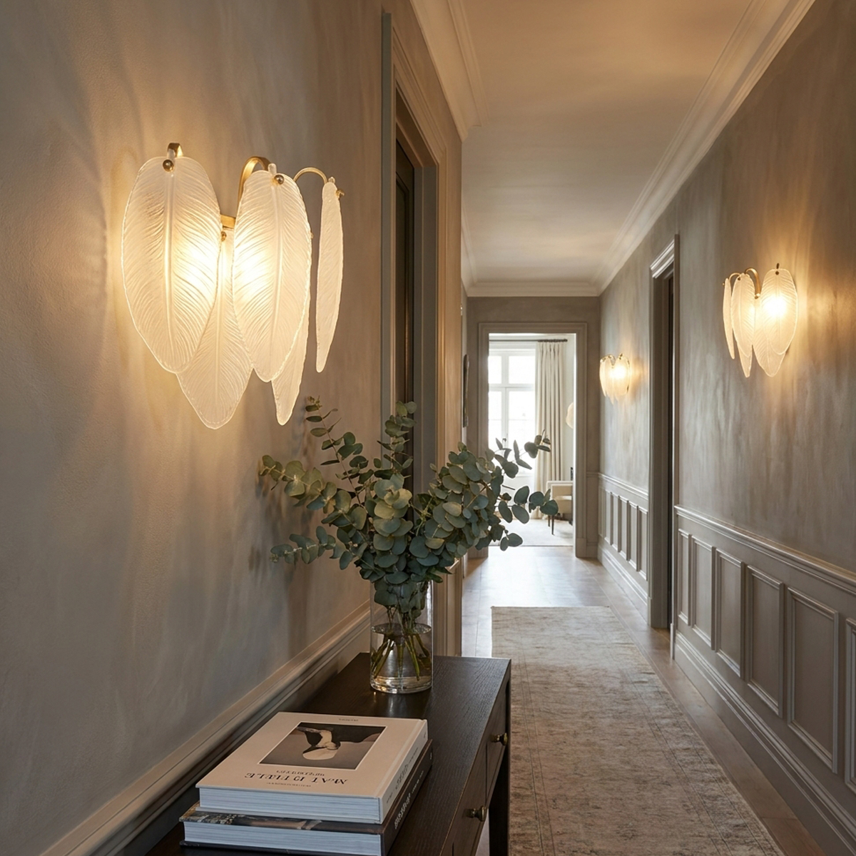 Modern Gold Leaf Glass Wall Sconce 6 Gold leaf glass wall sconce providing warm hallway lighting