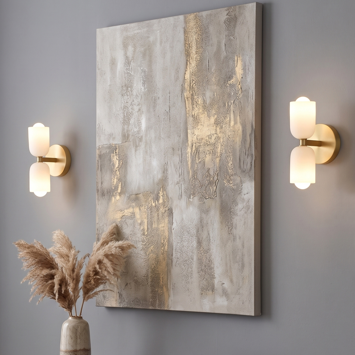 Mid-Century Modern Brass Wall Sconce 6 Pair of modern gold wall sconces flanking a large piece of abstract canvas wall art in a living space.