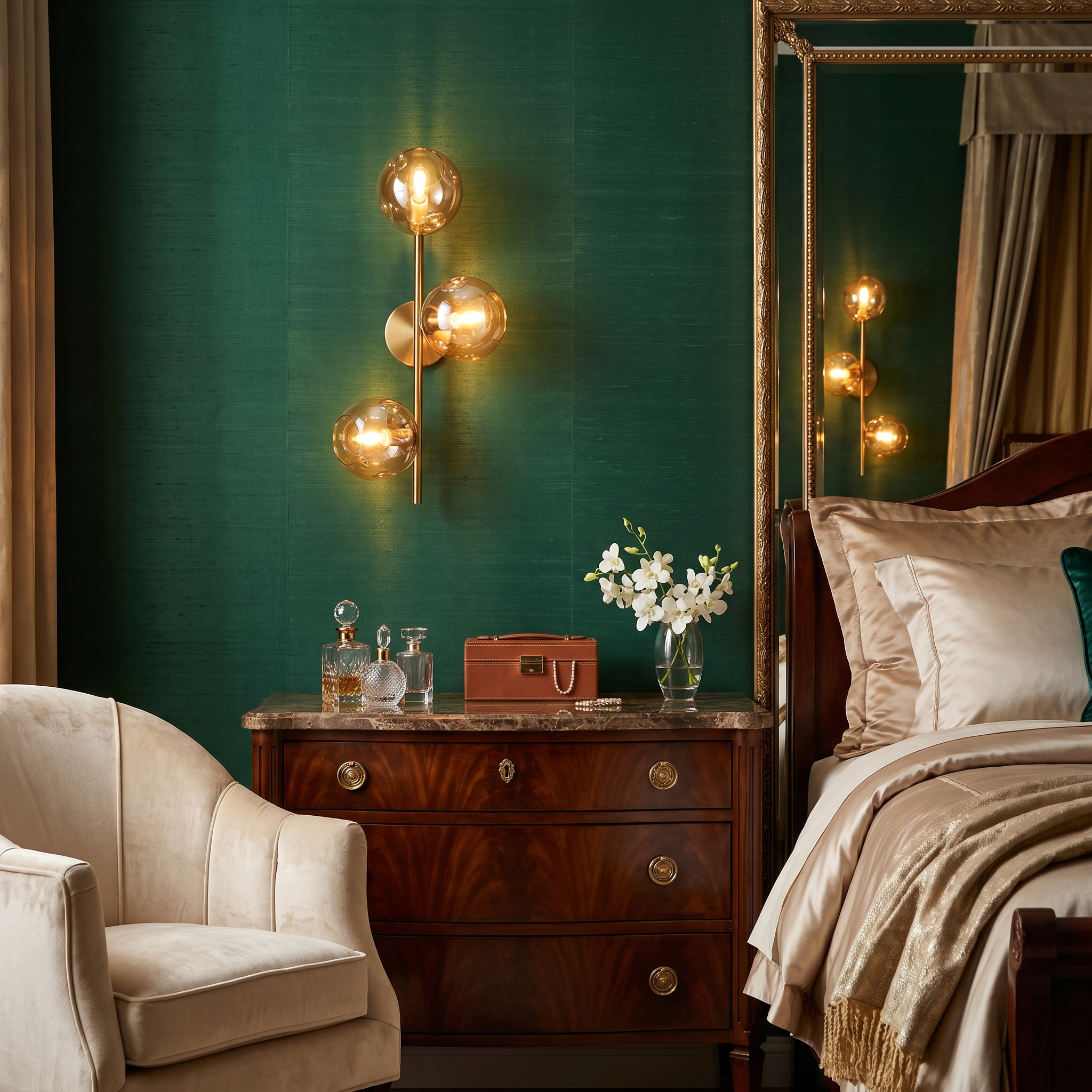 3-Light Modern Brass Wall Sconce 6 Elegant amber globe wall lighting next to a mirror in a green bedroom.