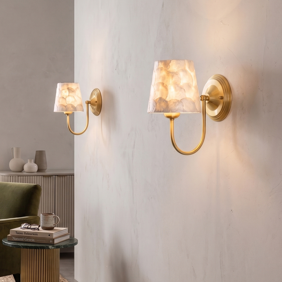 Modern Capiz Shell Wall Sconce 6 Pair of mid-century modern capiz shell wall lamps installed as accent lighting in a minimalist living room.