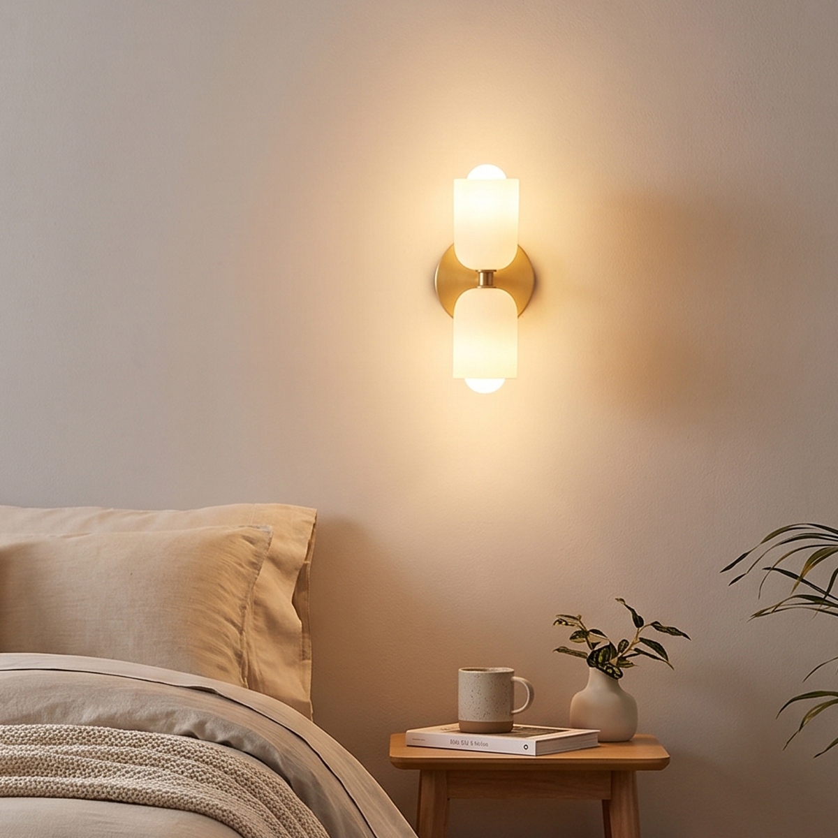 Mid-Century Modern Brass Wall Sconce 7 Warm dual-light wall sconce installed above a wooden nightstand in a cozy, modern bedroom.