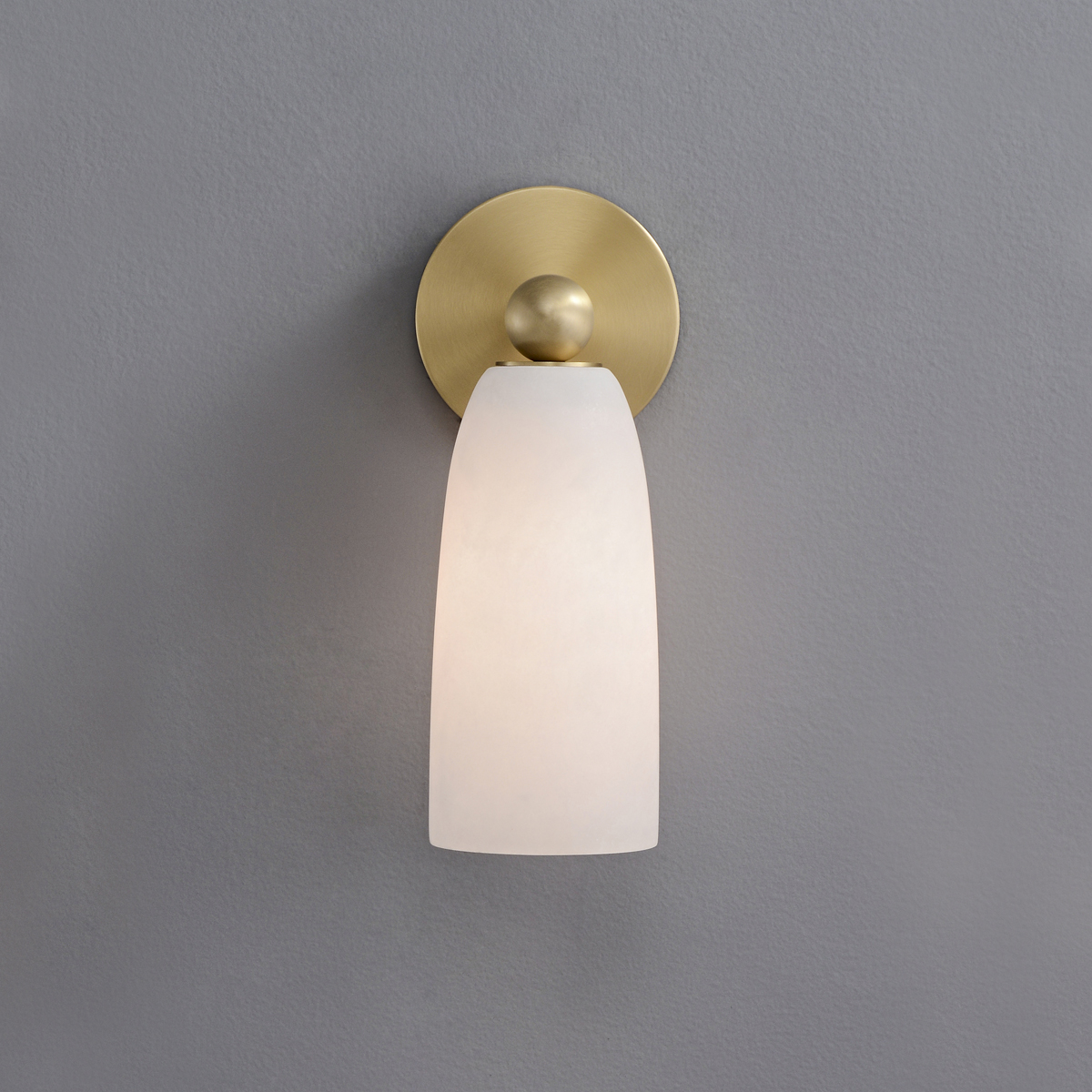 Modern Brass Frosted Glass Wall Sconce 4 Modern brass 1-light wall sconce featuring a bell-shaped frosted glass shade