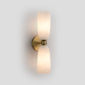 Modern brass 2-light wall sconce with frosted glass shade on a white background