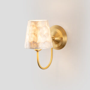 Single modern capiz shell wall sconce light fixture with brushed brass finish, illuminated on a clean background.
