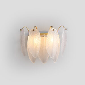 Front view of a modern gold leaf glass wall sconce