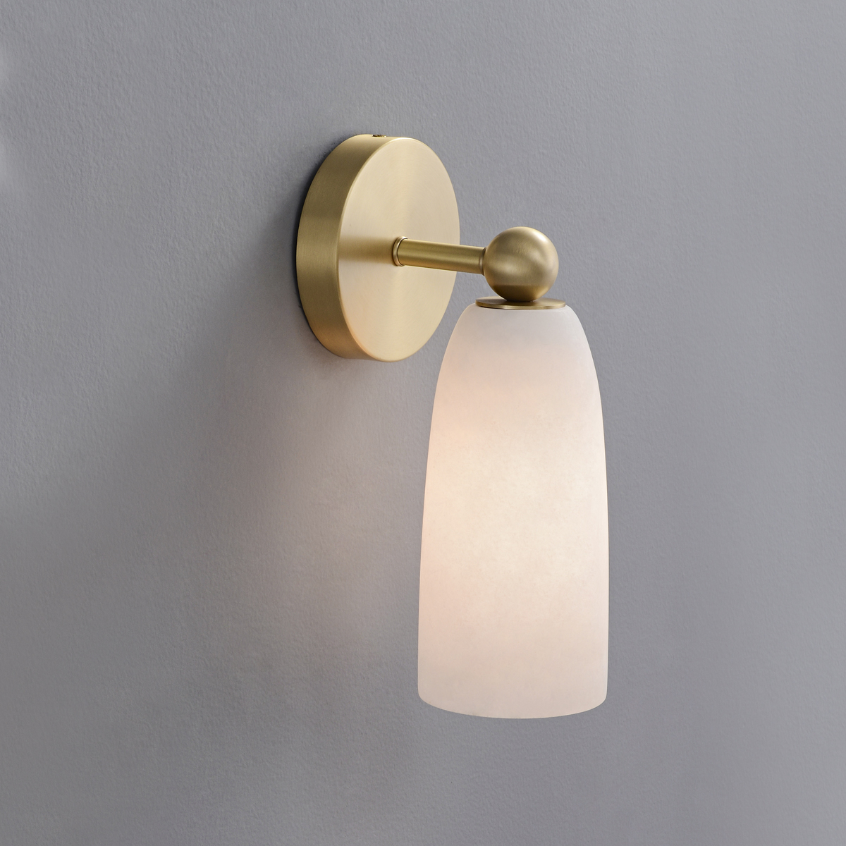 Modern Brass Frosted Glass Wall Sconce 5 Side angle of a single head gold bedroom reading sconce