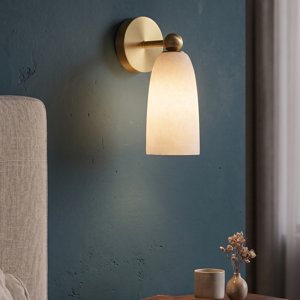 Modern Brass Frosted Glass Wall Sconce 8 Single light brass wall sconce used as bedside reading lighting against a dark blue wall