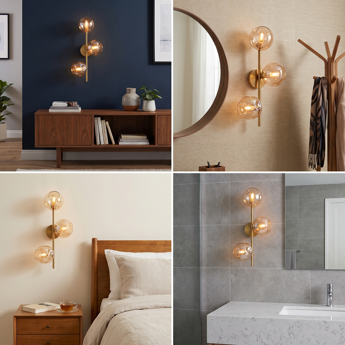 3-Light Modern Brass Wall Sconce 8 Collage showing gold globe wall light in living room, bedroom, and bathroom settings.