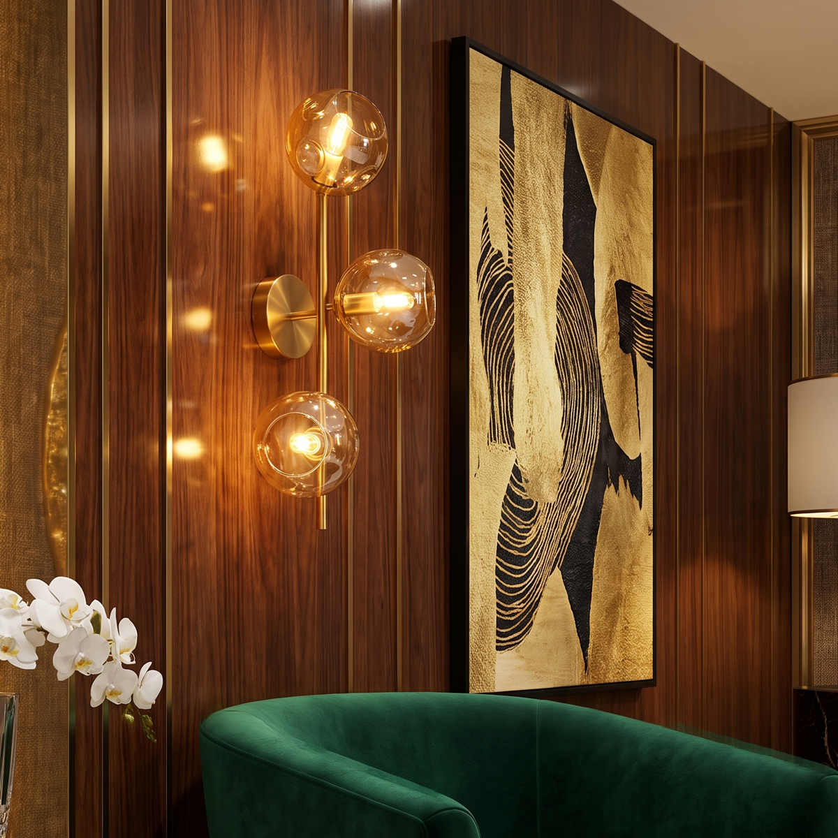 3-Light Modern Brass Wall Sconce 7 Mid-century brass wall sconce decorating a luxury wood-paneled living room wall.
